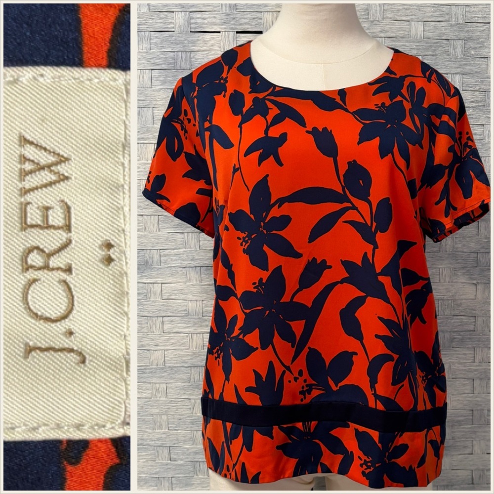 J. Crew Orange Navy Floral Print Short‎ Sleeve Tunic Top Medium